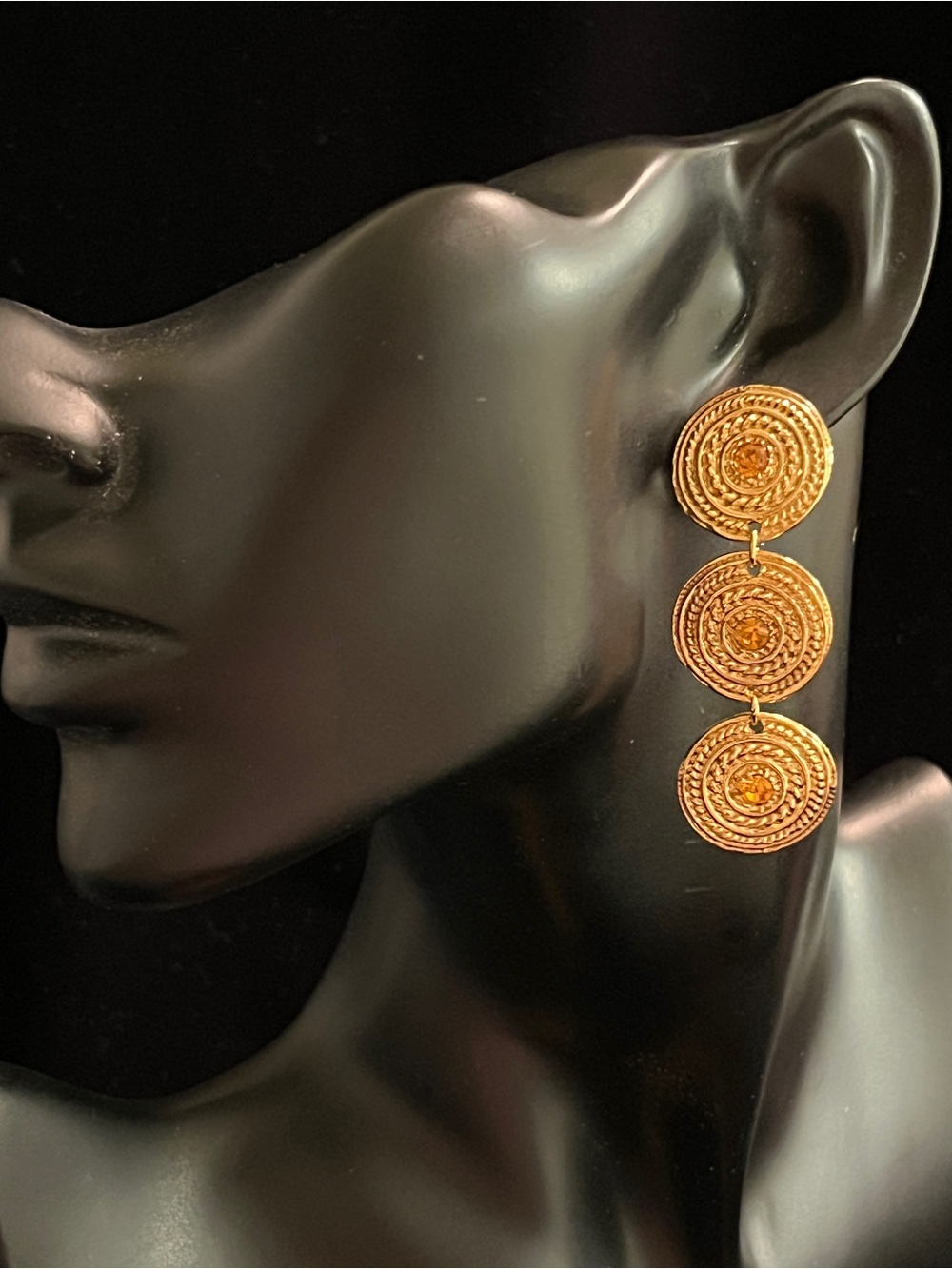 Gold Tone Etruscan Style 3 Circles Drop Dangle Earrings W Orange Stone Statement